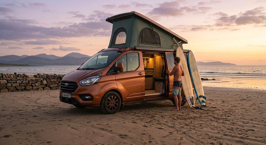 Copper Ford Transit Custom with pop top roof raised on a beach at sunset with surfboards