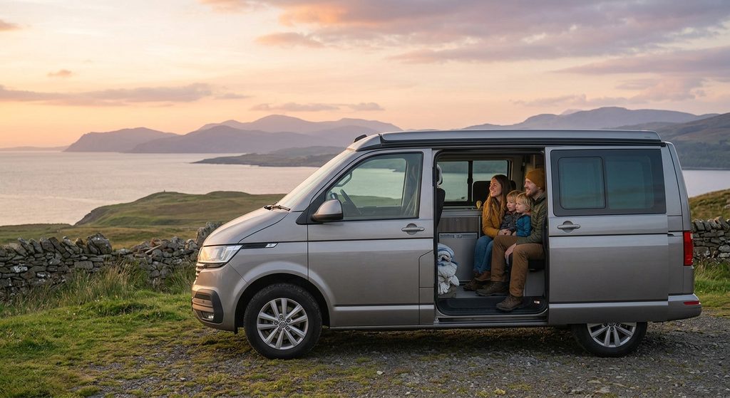 Silver VW campervan with pop top raised and family sitting in the side door overlooking the sea