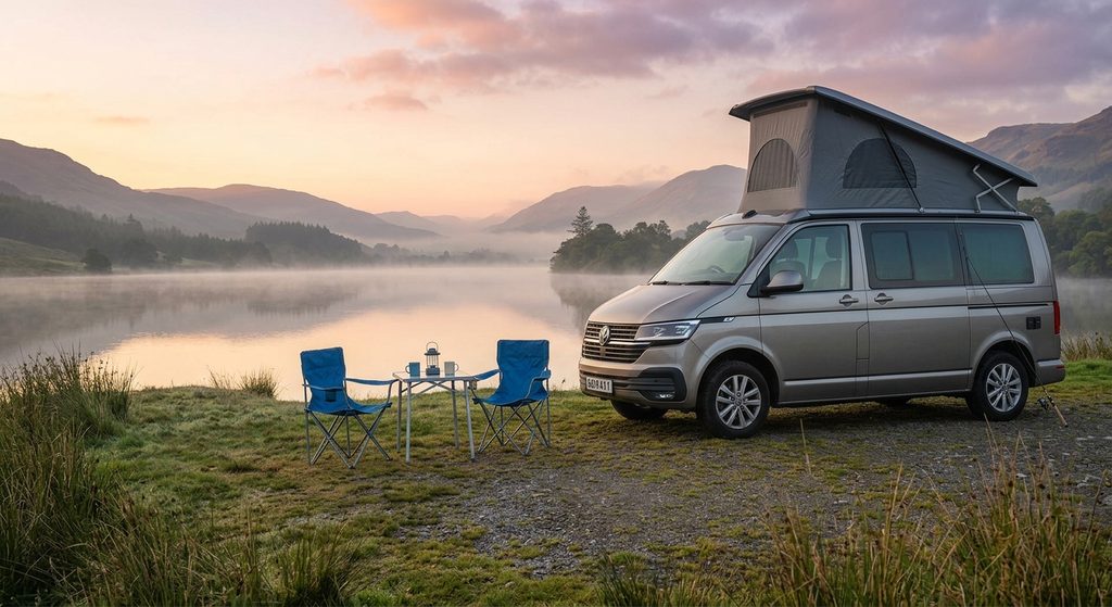 Silver VW campervan with pop top roof raised beside a misty lake with camping chairs