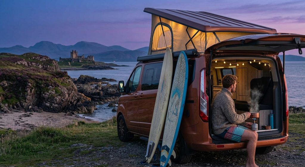 Campervan with pop top roof up on a rocky coastline at dusk, man making coffee at the back door