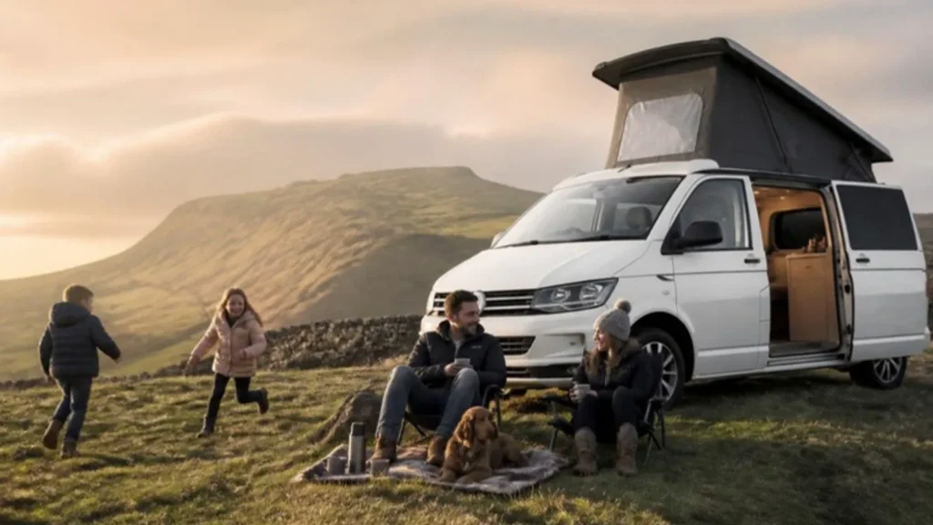 Family with a dog relaxing beside a white pop top campervan on a hillside at sunset