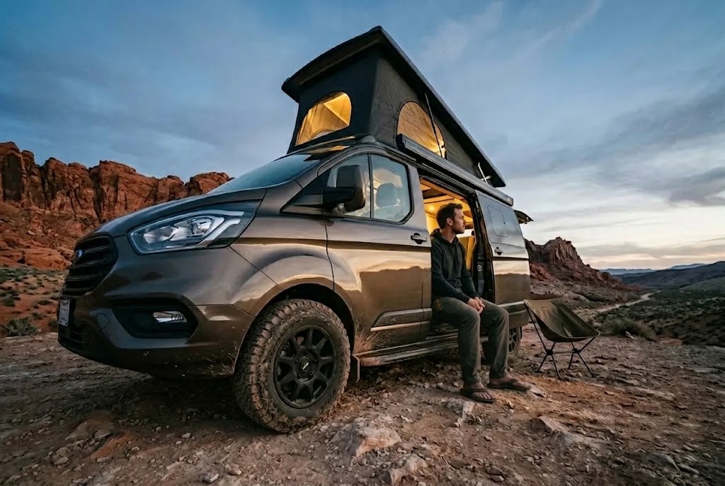 Ford Transit Custom with its pop top roof raised and side door open at dusk