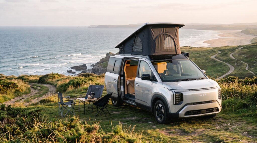 Silver Kia PV5 pop top roof camper parked on a clifftop above the beach