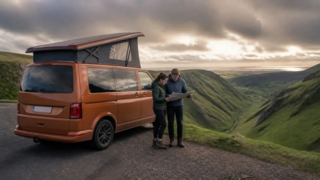 Couple reading a map beside an orange pop top campervan above a green Peak District valley