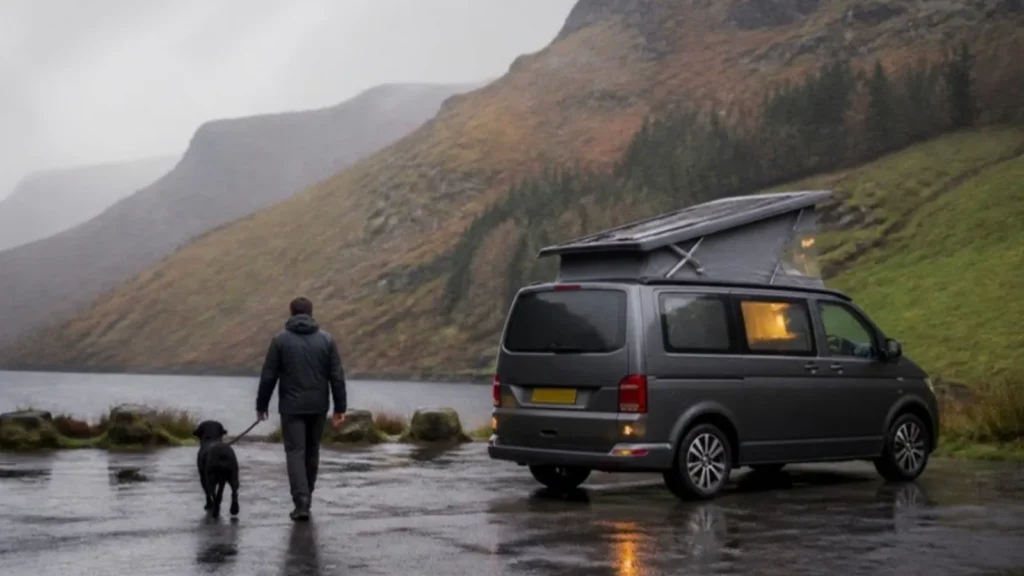 Man walking a dog in the rain towards a grey pop top campervan beside a mountain lake