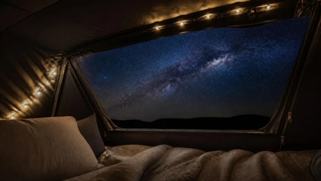 Stargazing through a pop top scenic canvas from the roof bed