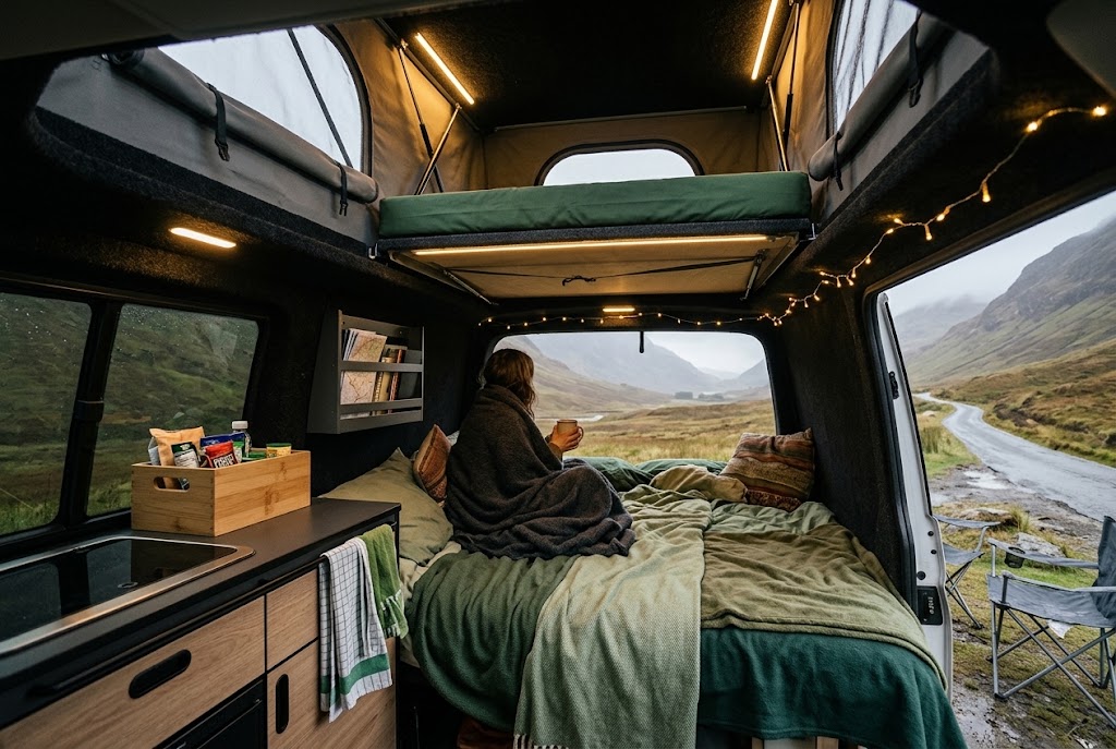 Inside a VW T6 pop top campervan with the roof bed up, a kitchen and a mountain view